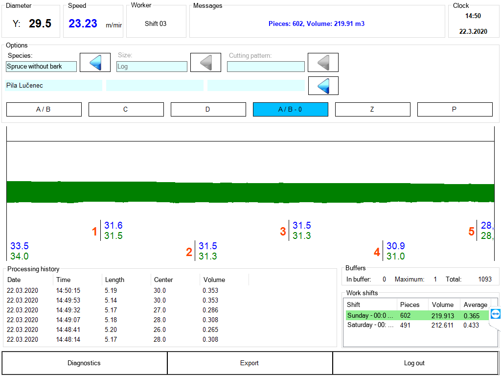 SMPD - Timber Measuring System for Belt Conveyors - main screen