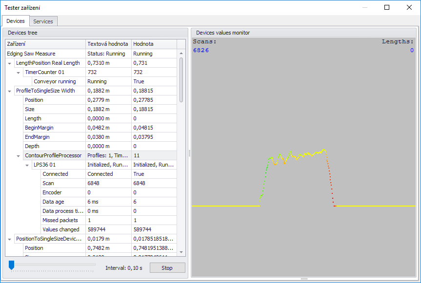 Systém pro měření a manipulaci pro omítací pily SMMOP - analyzátor profilu desky