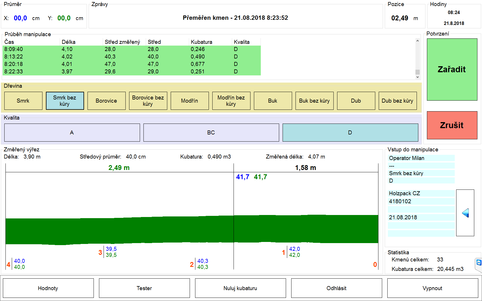 SMPP - systém měření pro pásové pily - hlavní obrazovka